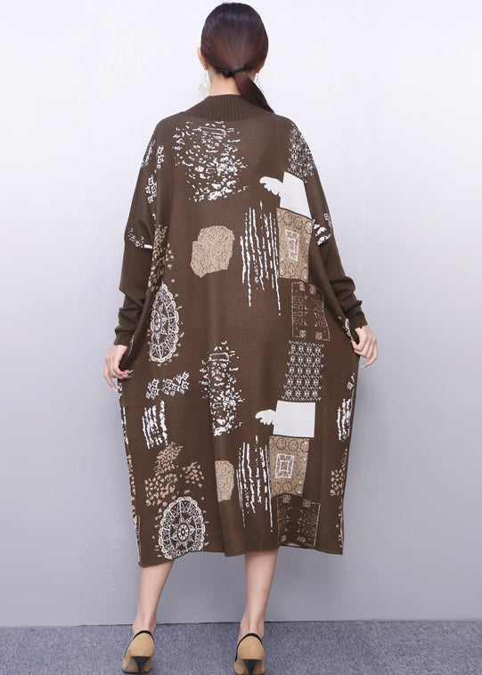 Fine Khaki Oversized Print Knit Sweater Dress Winter