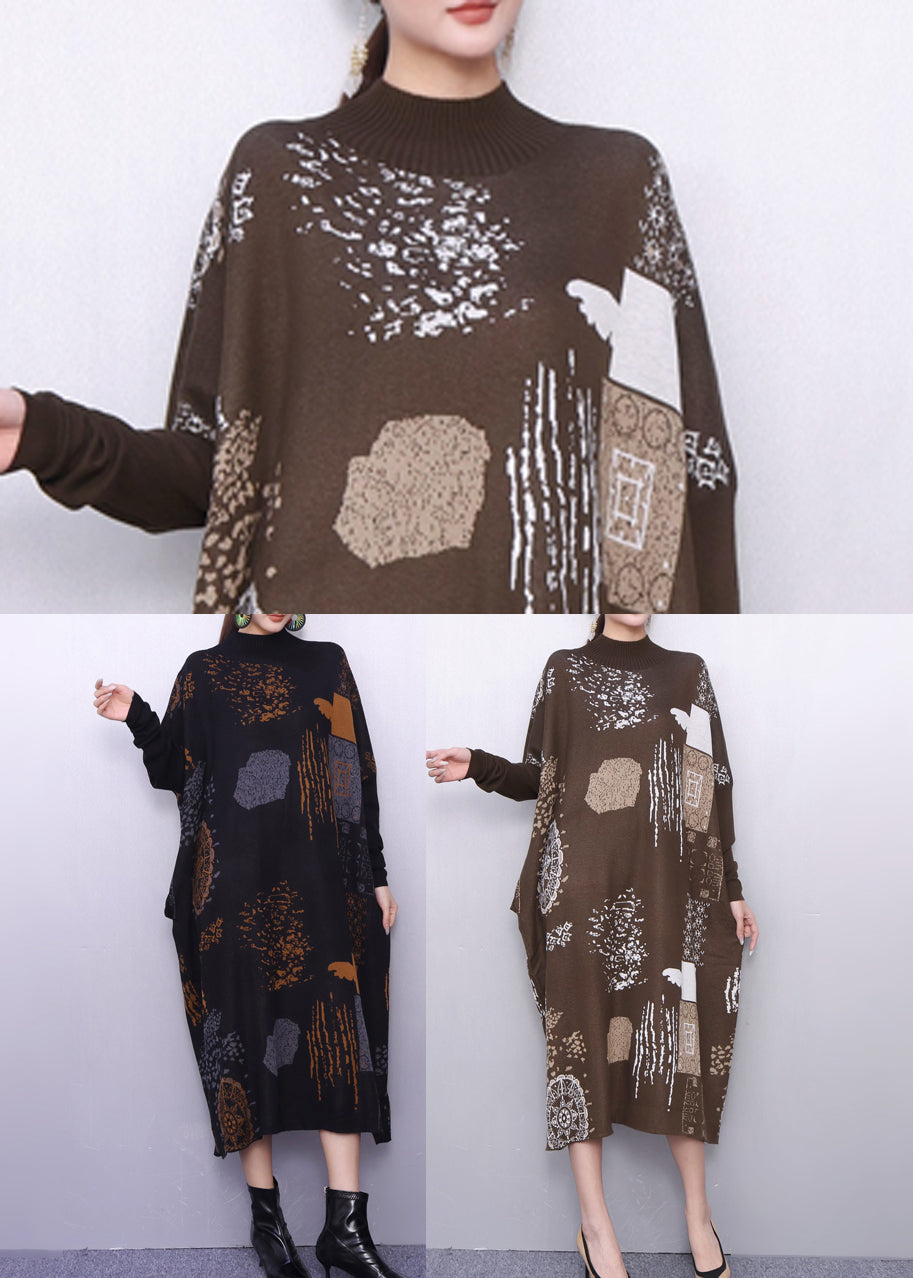 Fine Khaki Oversized Print Knit Sweater Dress Winter