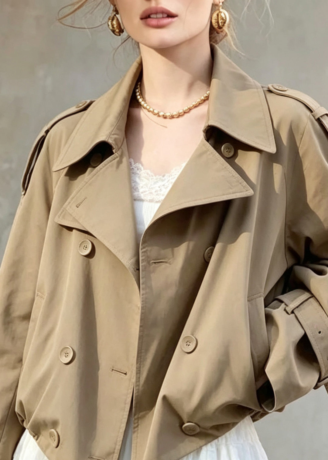 Fine Khaki Peter Pan Collar Pockets Trench Coats Long Sleeve