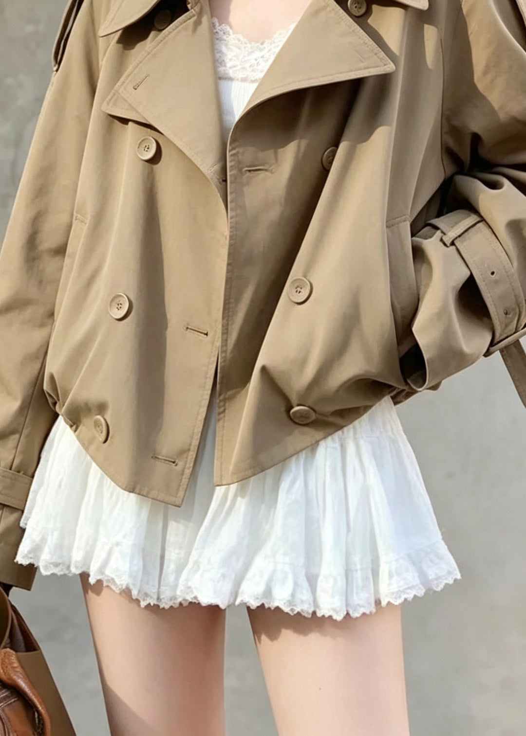 Fine Khaki Peter Pan Collar Pockets Trench Coats Long Sleeve