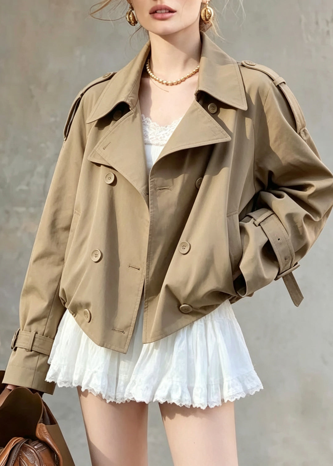 Fine Khaki Peter Pan Collar Pockets Trench Coats Long Sleeve