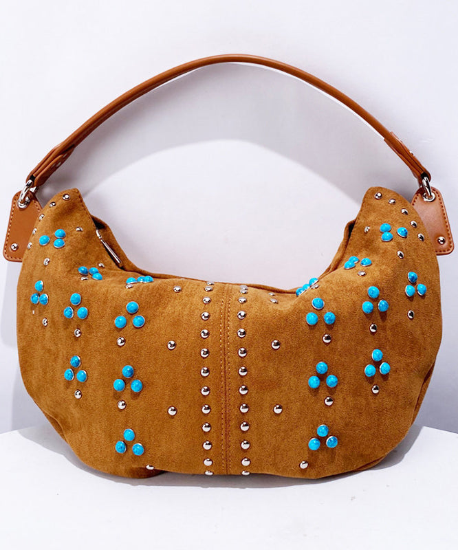 Fine Khaki Rivet Patchwork Fine Suede Saddle Bag