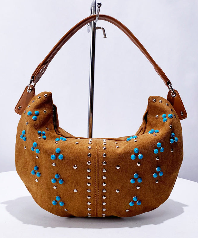 Fine Khaki Rivet Patchwork Fine Suede Saddle Bag