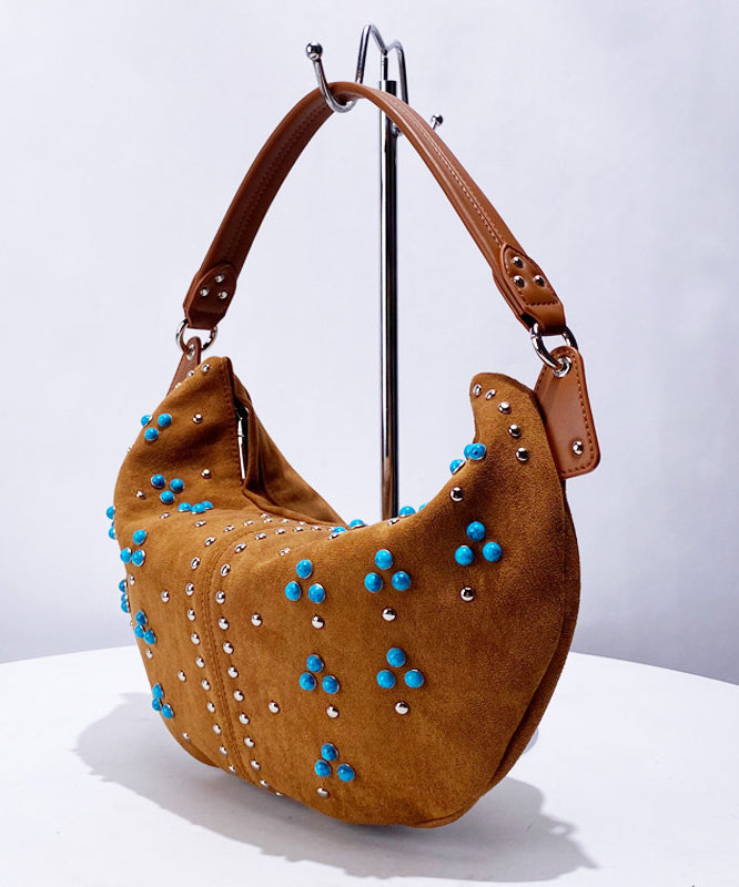 Fine Khaki Rivet Patchwork Fine Suede Saddle Bag