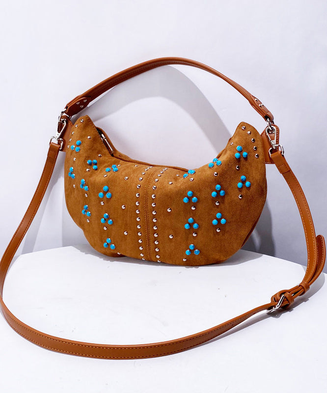 Fine Khaki Rivet Patchwork Fine Suede Saddle Bag