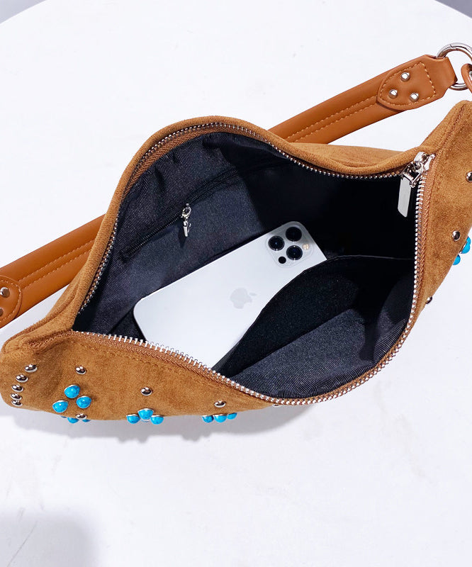 Fine Khaki Rivet Patchwork Fine Suede Saddle Bag