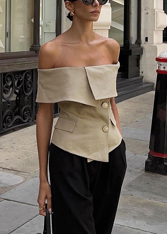 Fine Khaki Slash Neck Button Spandex Tops Summer