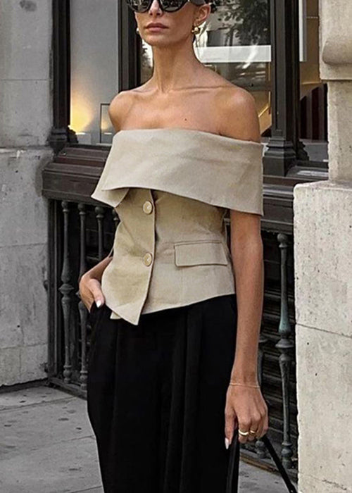 Fine Khaki Slash Neck Button Spandex Tops Summer