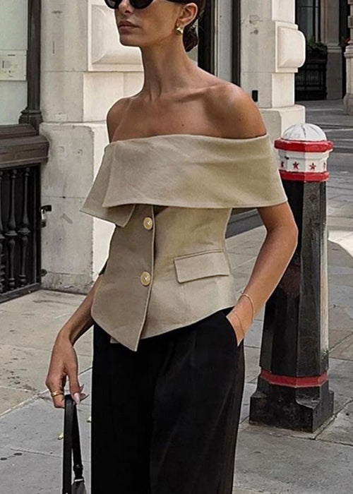 Fine Khaki Slash Neck Button Spandex Tops Summer