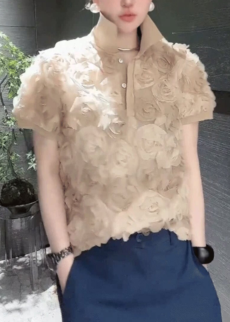 Fine Khaki Stereoscopic Floral Chiffon Tops Summer