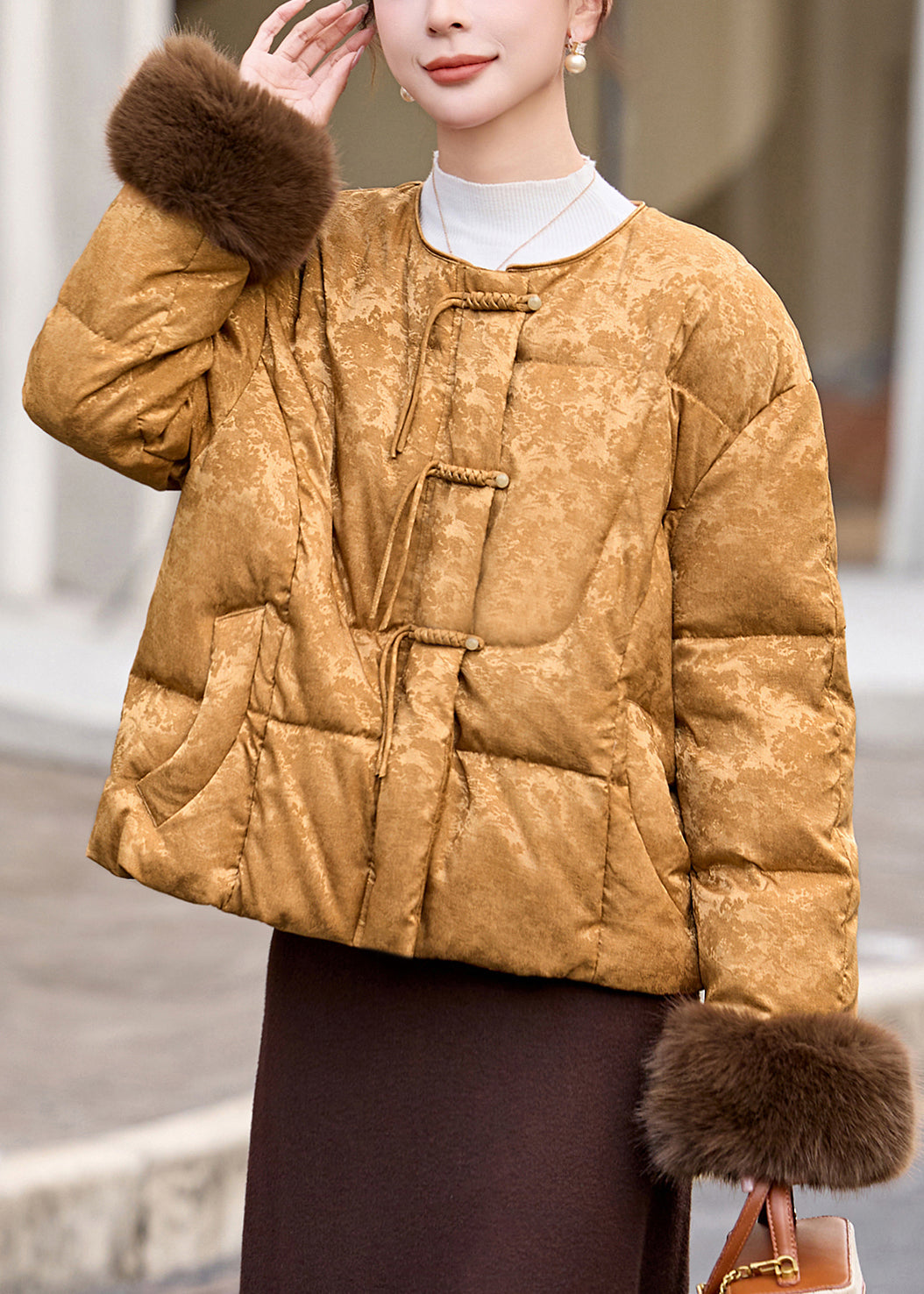 Fine Khaki Tasseled Jacquard Duck Down Puffers Jackets Winter