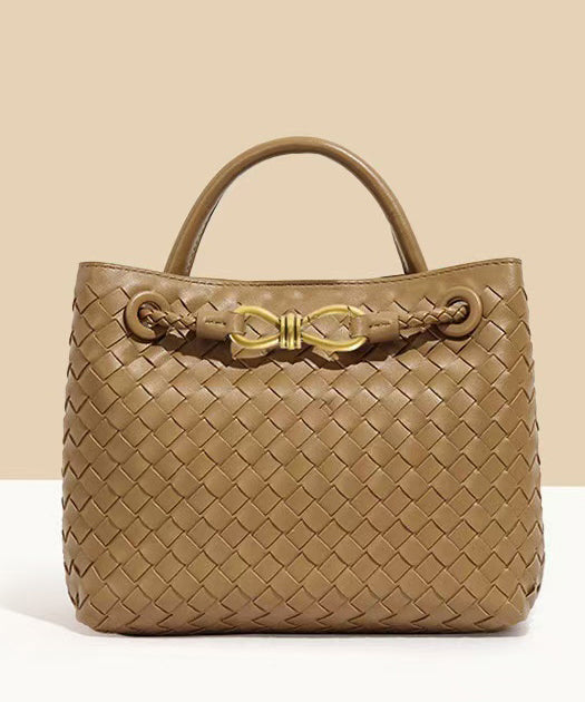 Fine Khaki Weave Design Solid Durable Leather Tote Handbag