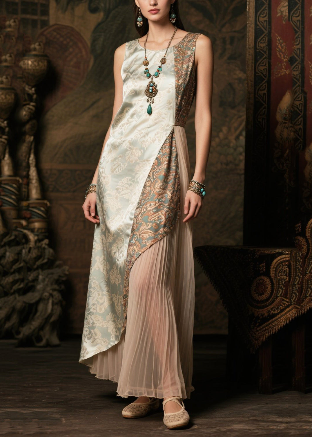 Fine Lake Green Asymmetrical Patchwork Silk Dinner Dresses Summer