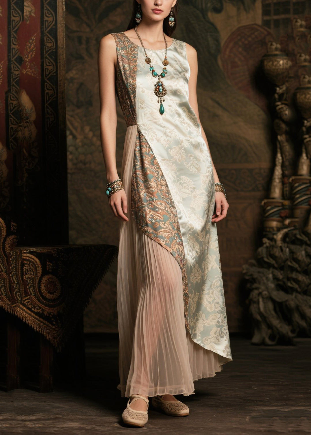 Fine Lake Green Asymmetrical Patchwork Silk Dinner Dresses Summer