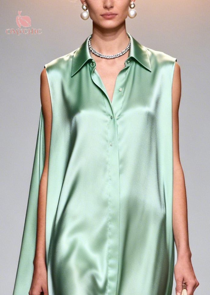 Fine Lake Green Peter Pan Collar Patchwork Lace Silk Maxi Dresses Sleeveless