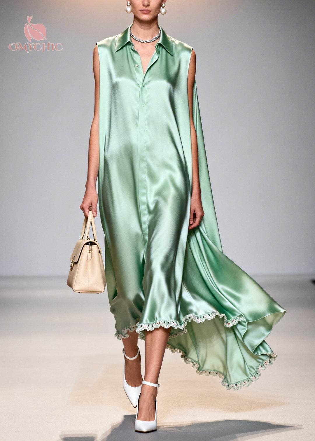 Fine Lake Green Peter Pan Collar Patchwork Lace Silk Maxi Dresses Sleeveless