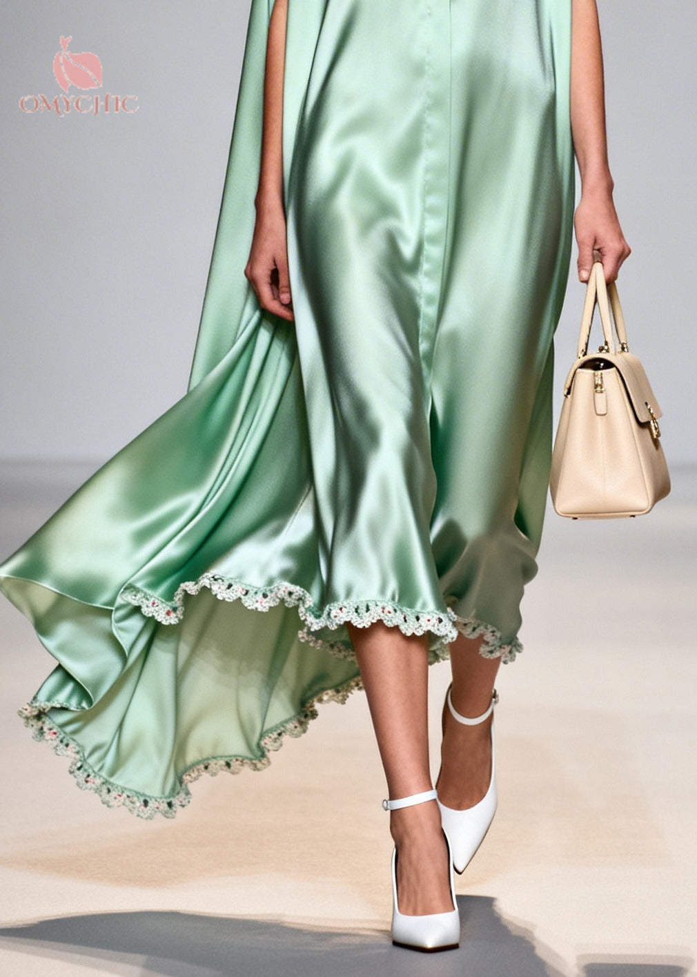Fine Lake Green Peter Pan Collar Patchwork Lace Silk Maxi Dresses Sleeveless