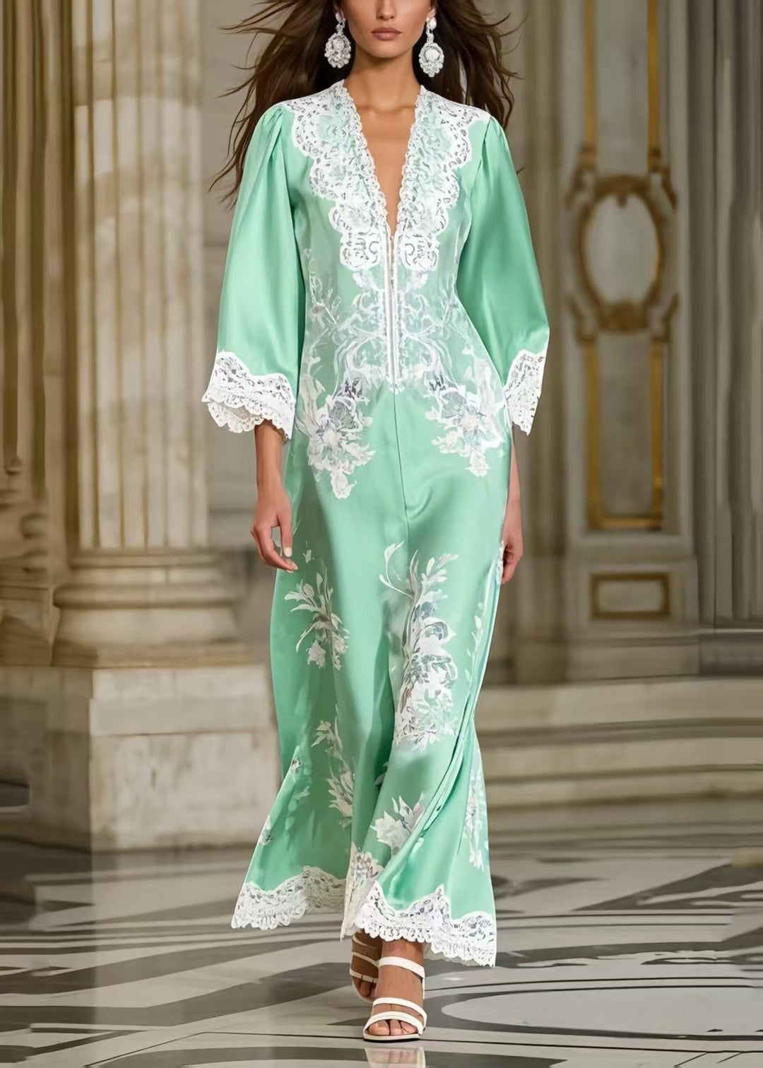 Fine Lake Green Print Lace Patchwork Silk Party Dress Spring
