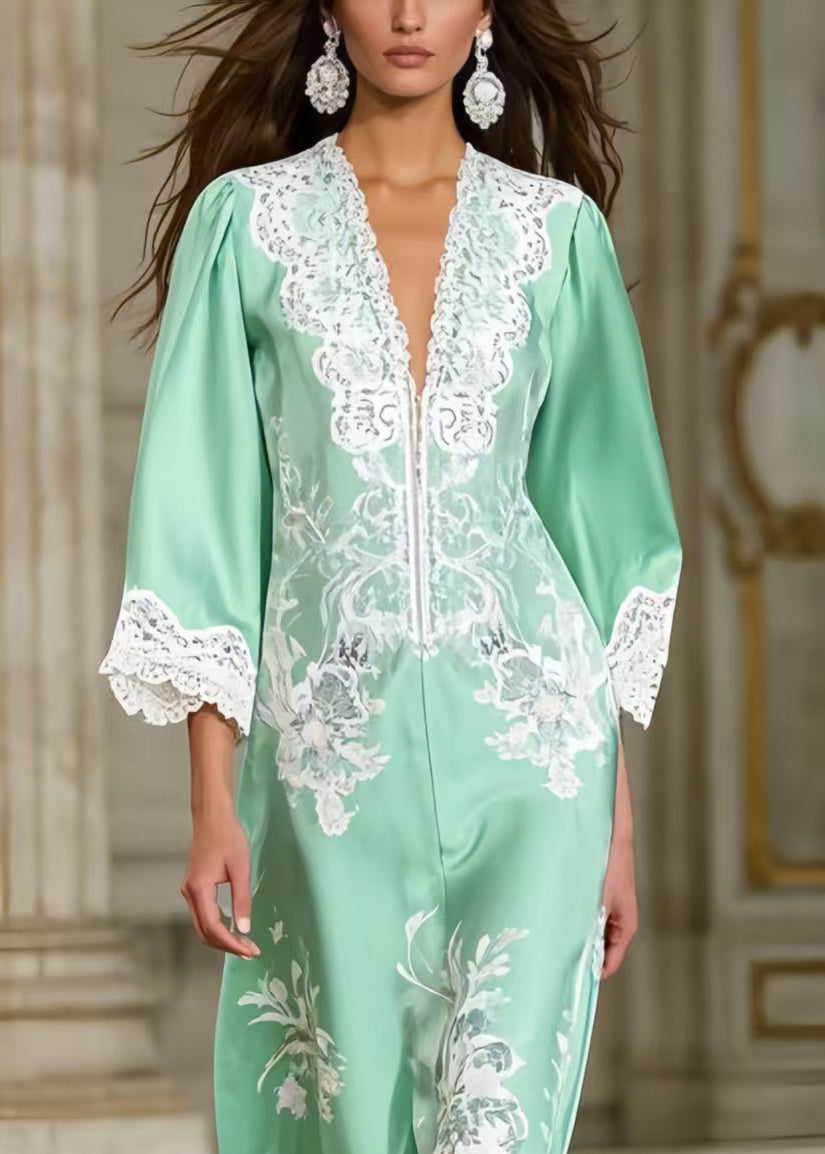 Fine Lake Green Print Lace Patchwork Silk Party Dress Spring - Omychic