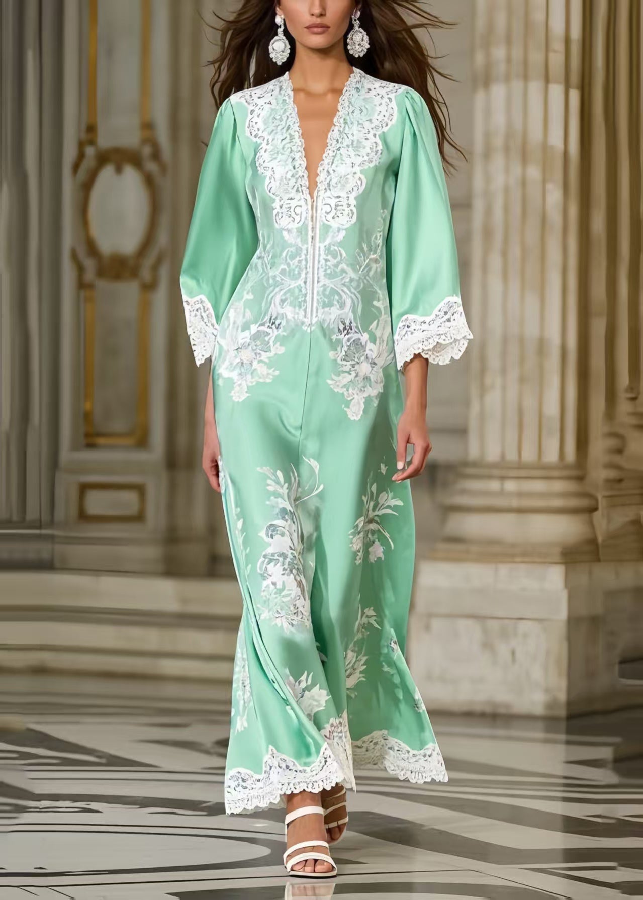 Fine Lake Green Print Lace Patchwork Silk Party Dress Spring - Omychic