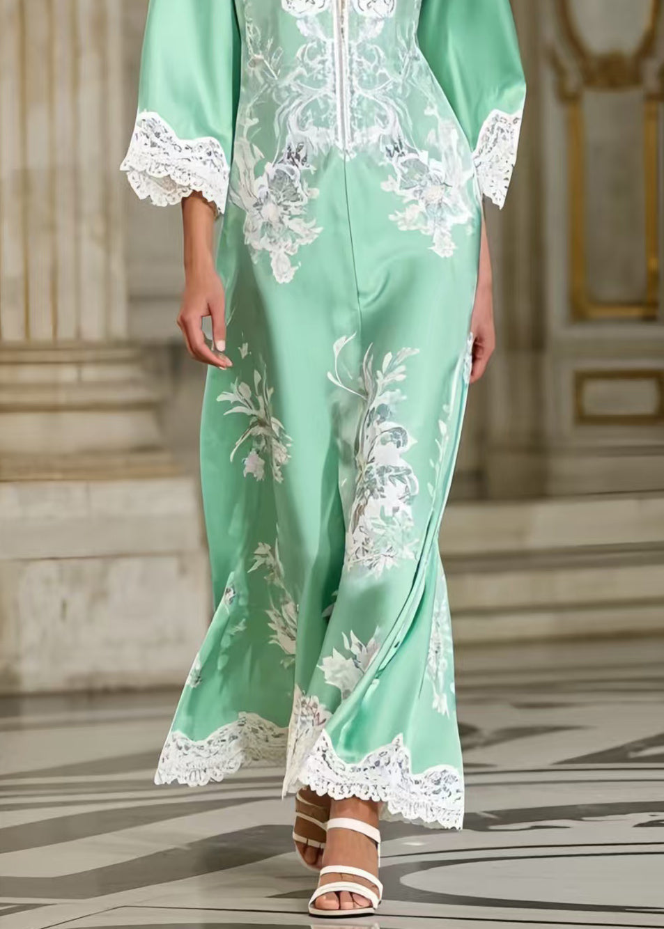 Fine Lake Green Print Lace Patchwork Silk Party Dress Spring - Omychic