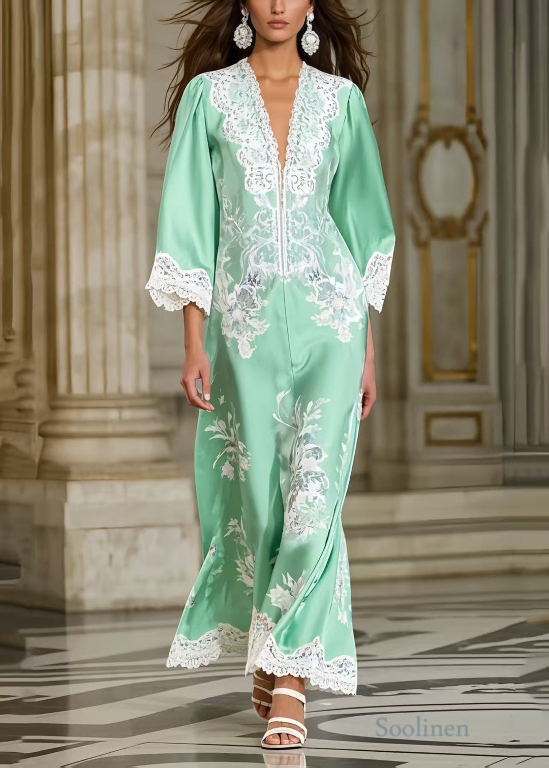 Fine Lake Green Print Lace Patchwork Silk Party Dress Spring - Omychic