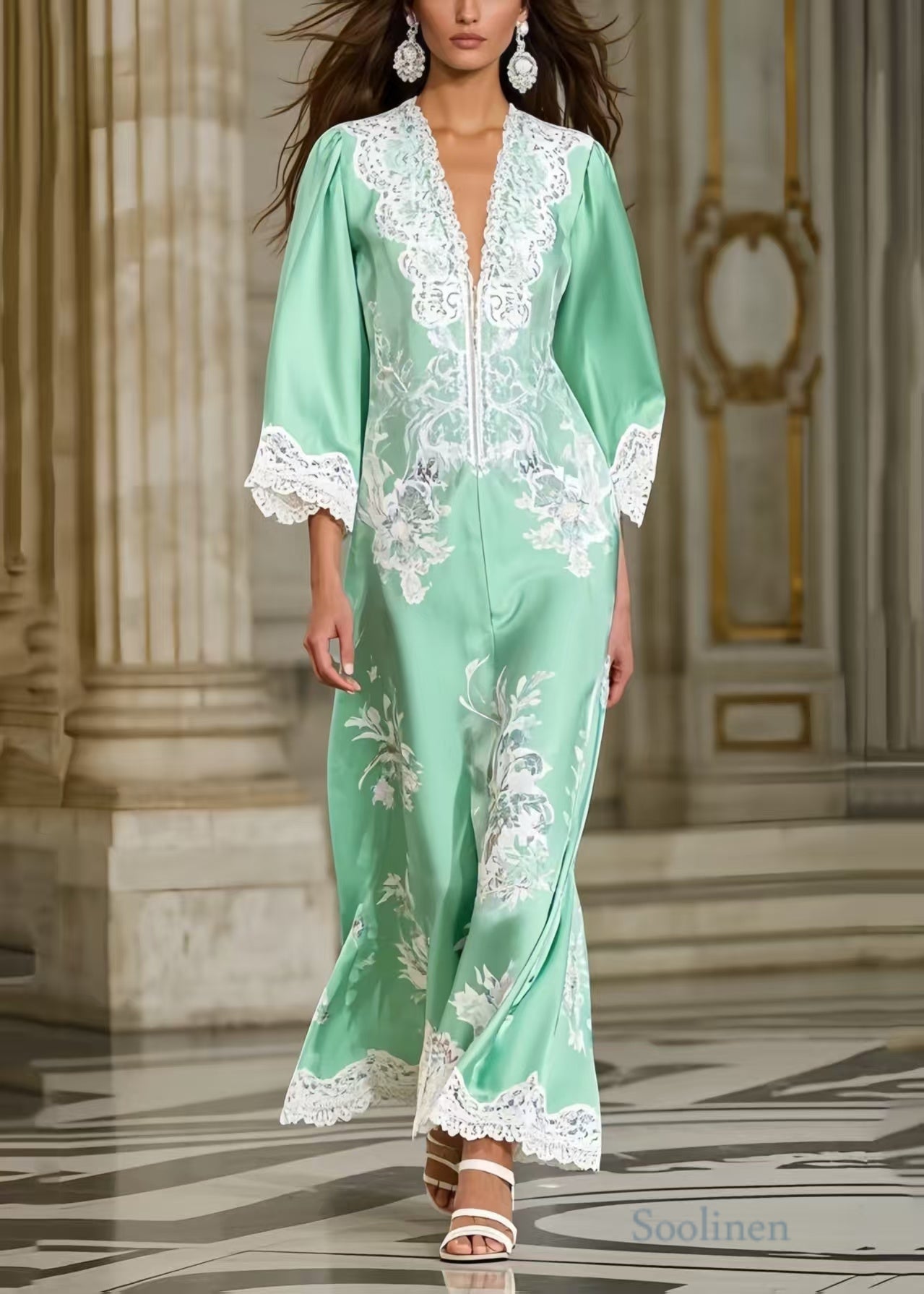 Fine Lake Green Print Lace Patchwork Silk Party Dress Spring - Omychic