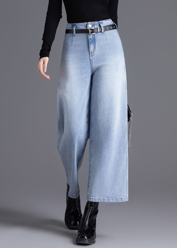 Fine Light Blue High Waist Denim Straight Crop Pants Spring