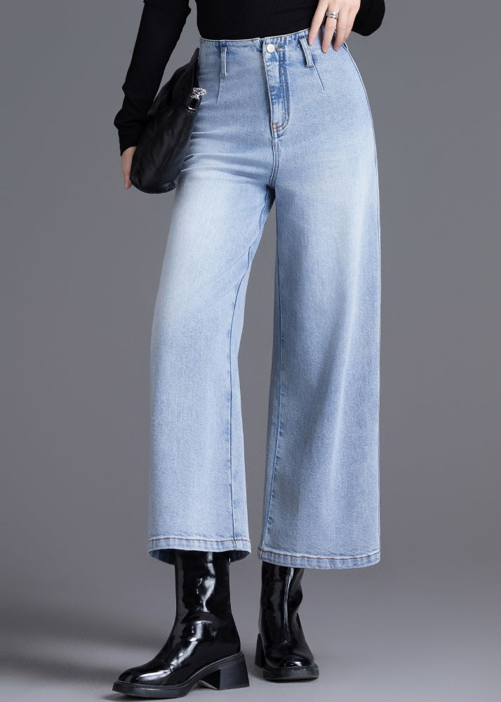 Fine Light Blue High Waist Denim Straight Crop Pants Spring