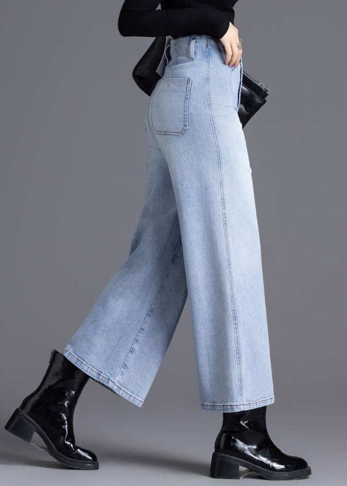 Fine Light Blue High Waist Denim Straight Crop Pants Spring