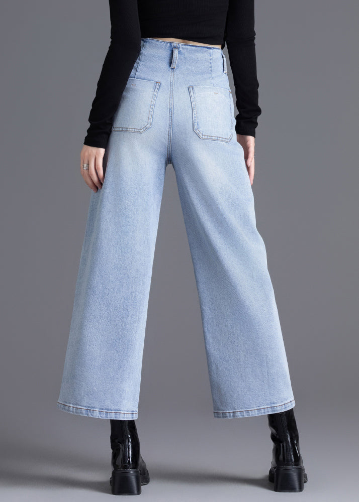 Fine Light Blue High Waist Denim Straight Crop Pants Spring