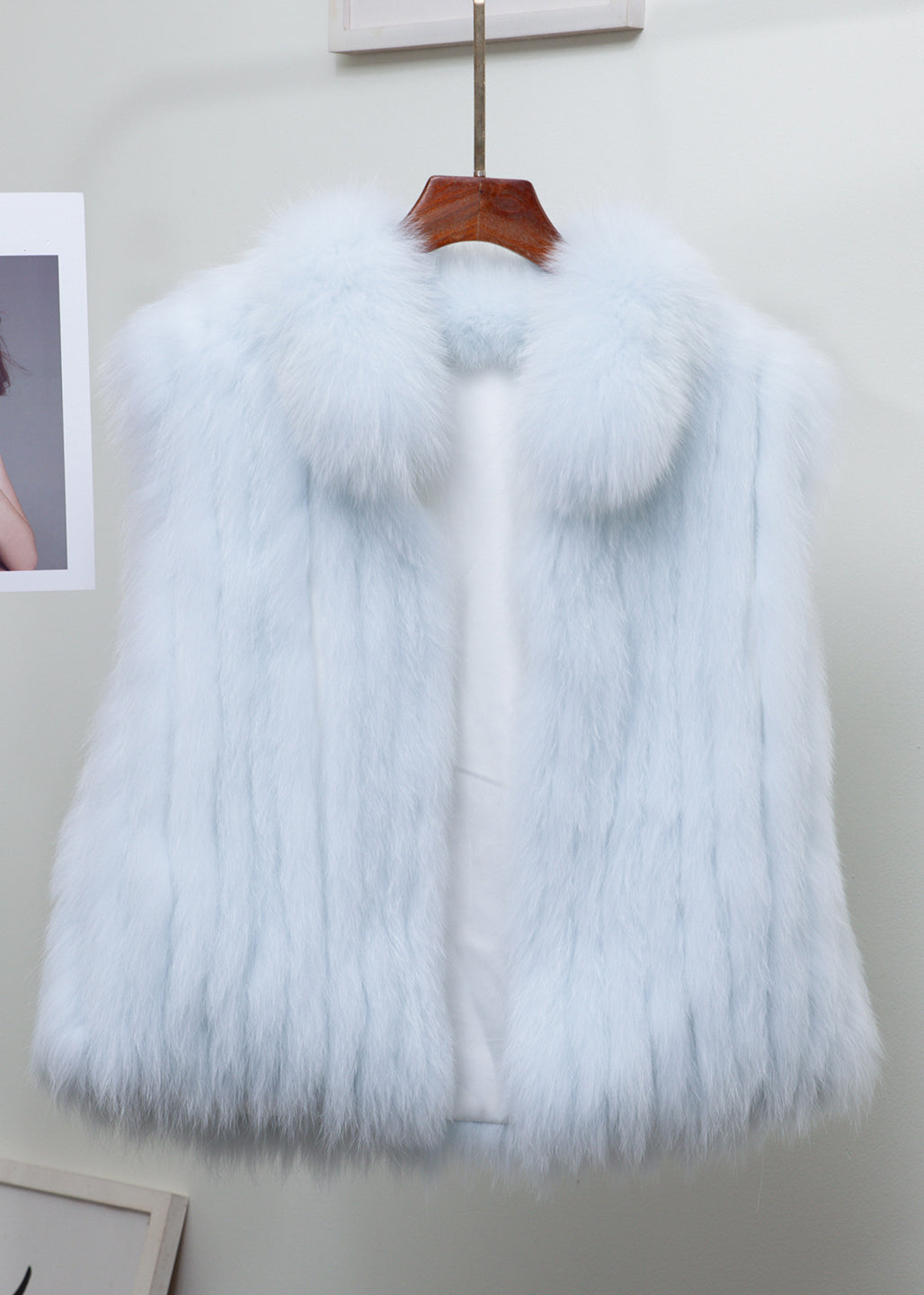Fine Light Blue Stand Collar Solid Leather And Fur Waistcoat Sleeveless