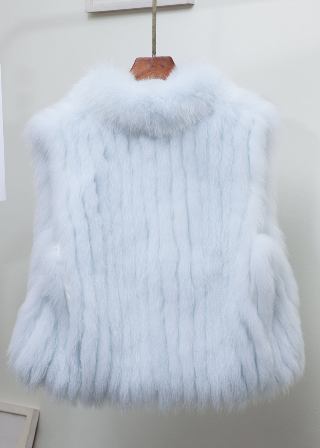 Fine Light Blue Stand Collar Solid Leather And Fur Waistcoat Sleeveless