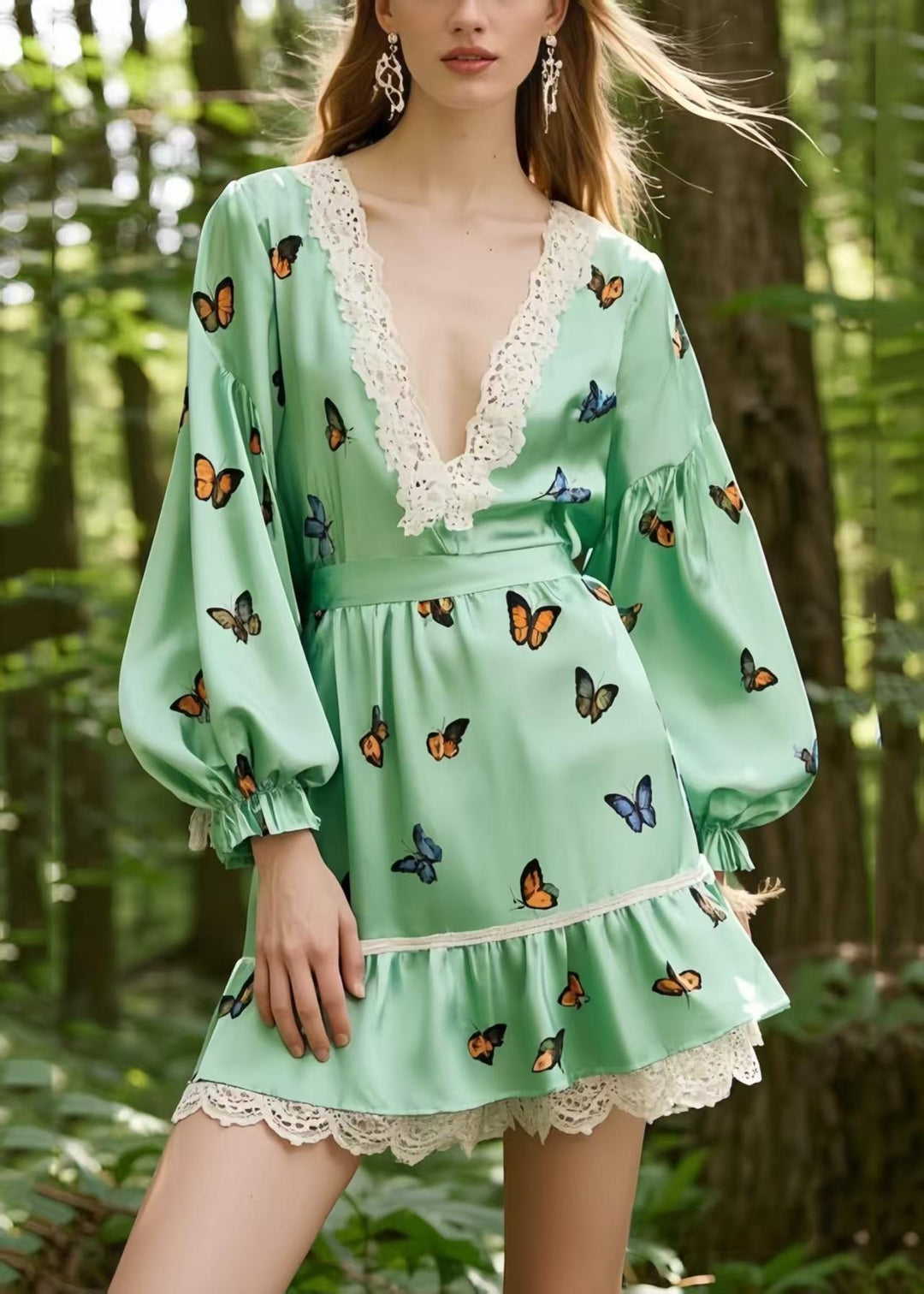 Fine Light Green Butterfly Patchwork Lace Silk Tea Dress Spring
