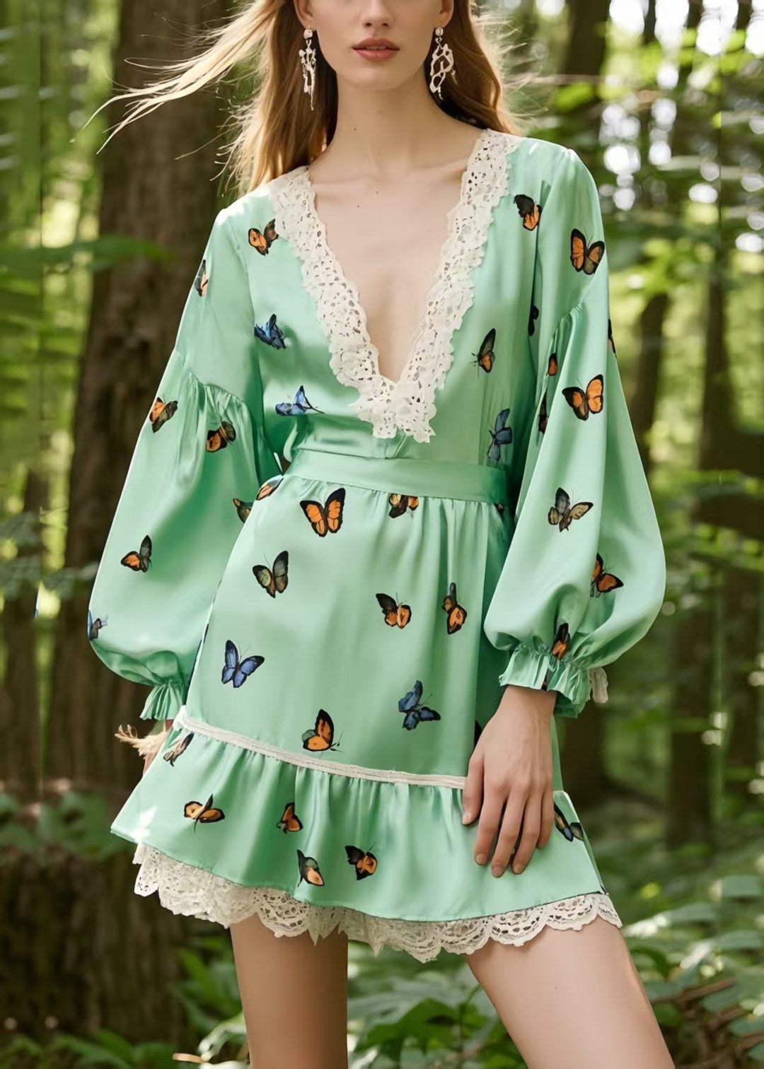 Fine Light Green Butterfly Patchwork Lace Silk Tea Dress Spring