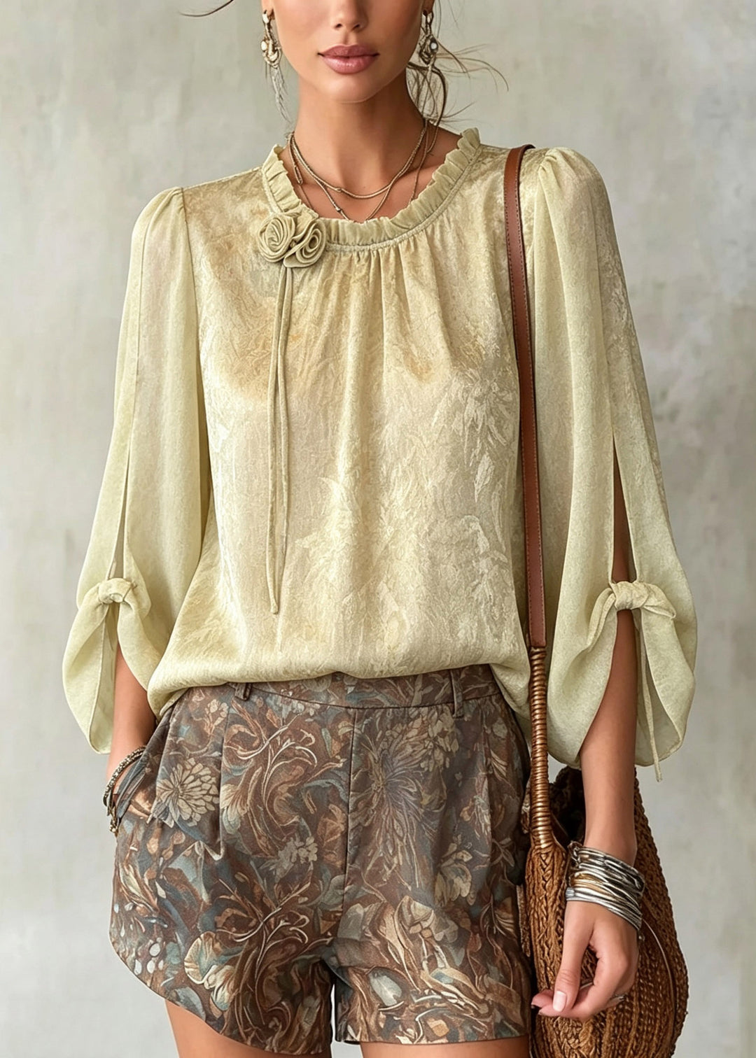 Fine Light Green Floral Print Chiffon Shirt Half Sleeve