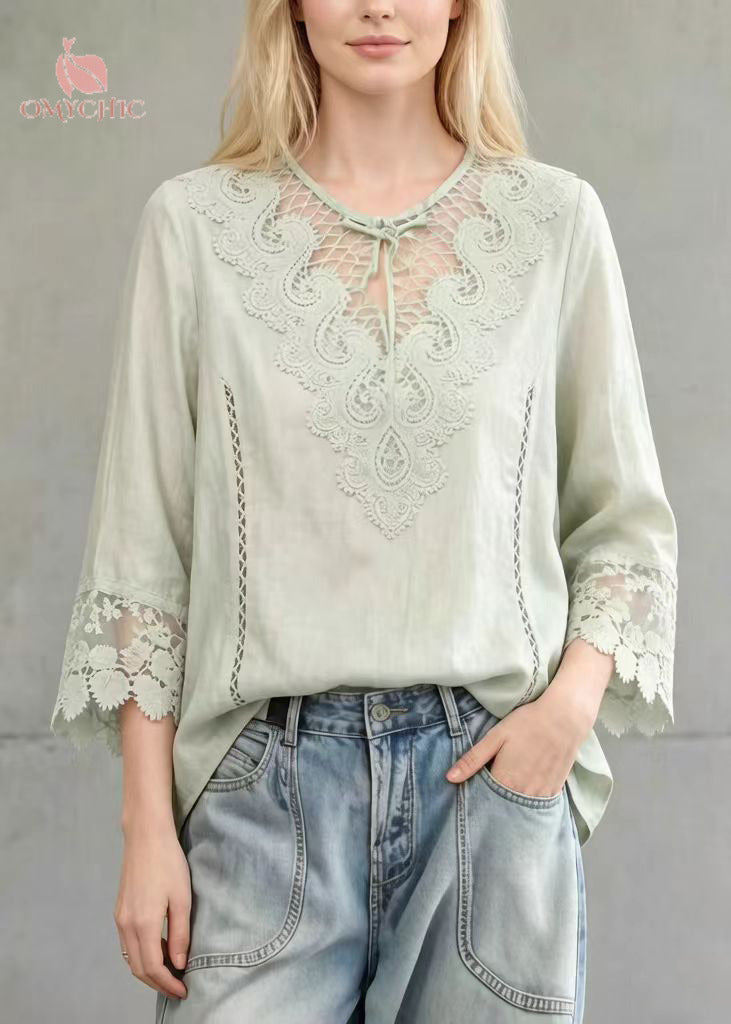 Fine Light Green Hollow Out Lace Patchwork Cotton Tanks Summer
