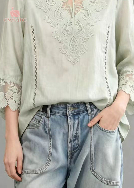 Fine Light Green Hollow Out Lace Patchwork Cotton Tanks Summer