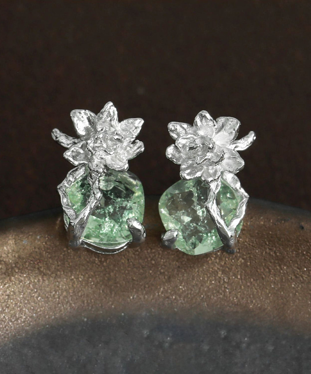 Fine Light Green Sterling Silver Zircon Ice Flower Stud Earrings