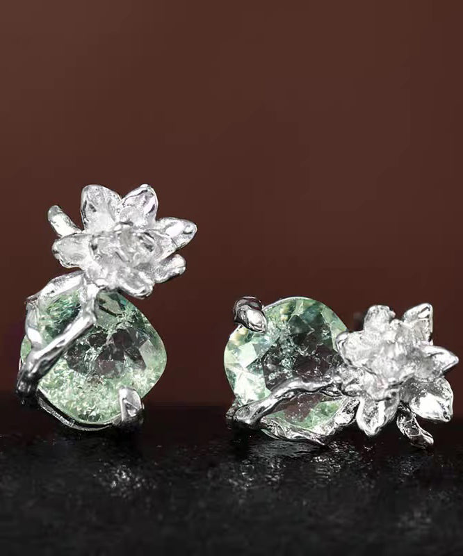 Fine Light Green Sterling Silver Zircon Ice Flower Stud Earrings