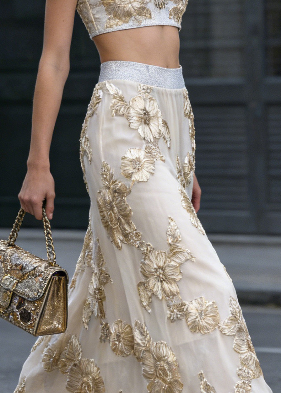 Fine Light Khaki Floral High Waist Tulle Skirt Spring