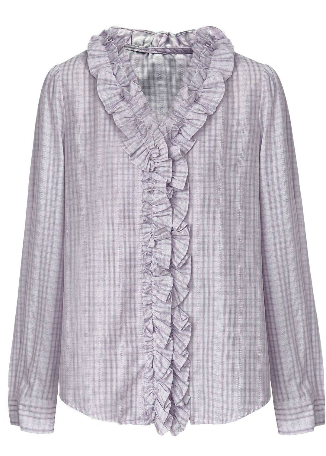 Fine Light Purple Ruffled Plaid Cotton Blouse Top Spring