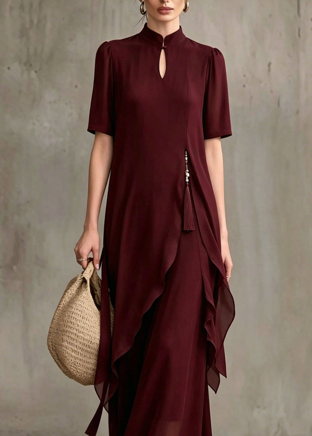 Fine Mulberry Stand Collar Asymmetrical Patchwork Chiffon Dress Summer