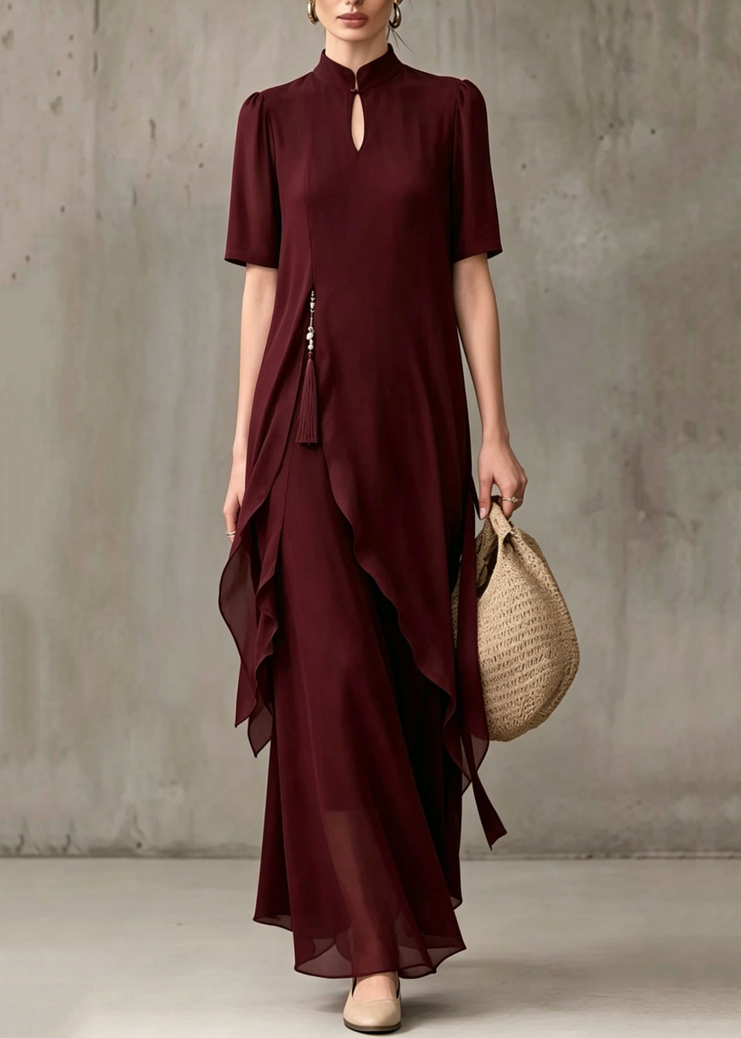 Fine Mulberry Stand Collar Asymmetrical Patchwork Chiffon Dress Summer