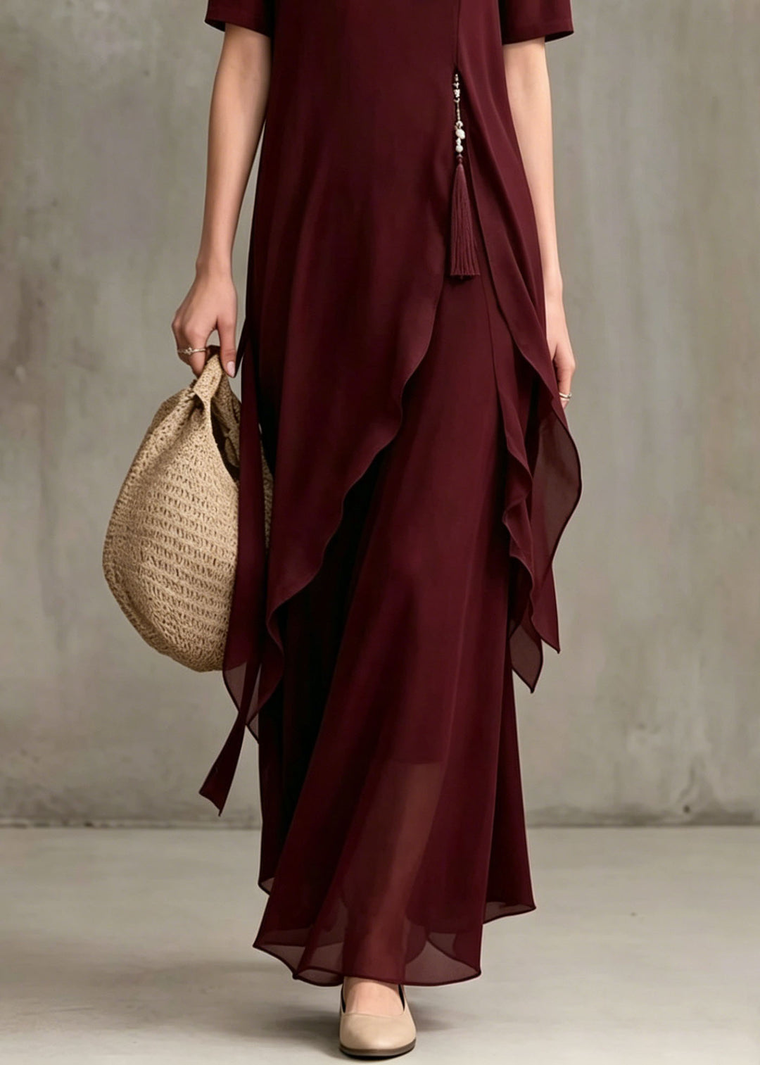 Fine Mulberry Stand Collar Asymmetrical Patchwork Chiffon Dress Summer