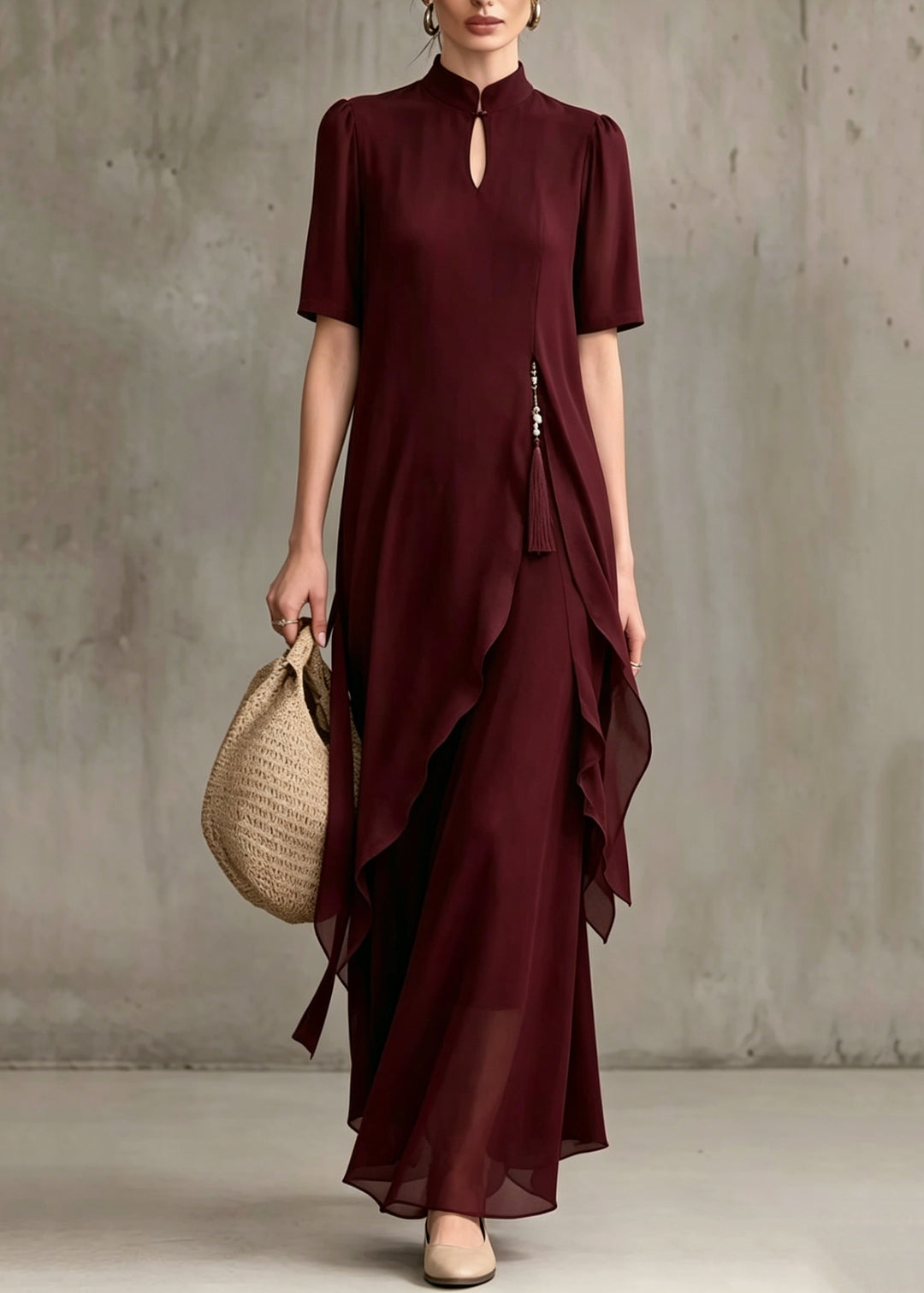 Fine Mulberry Stand Collar Asymmetrical Patchwork Chiffon Dress Summer