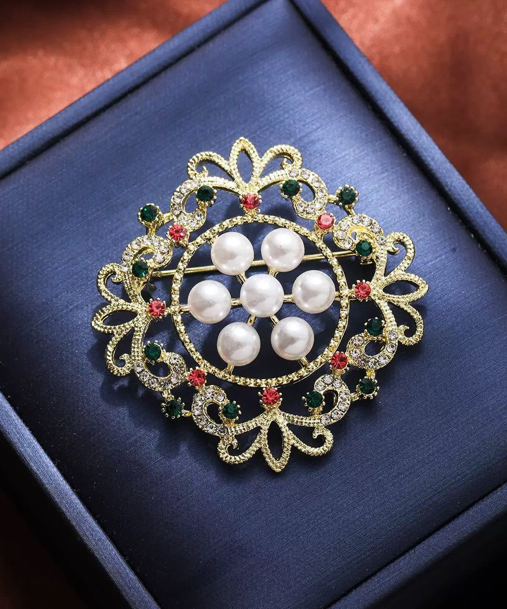 Fine Multicolor Alloy Zircon Snowflake Pearl Hollow Out Broochs