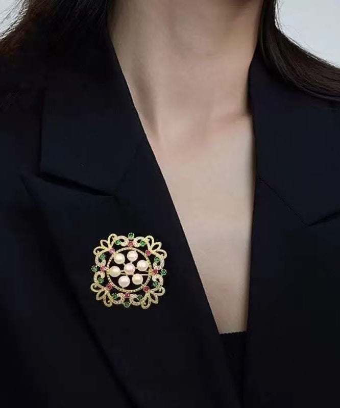 Fine Multicolor Alloy Zircon Snowflake Pearl Hollow Out Broochs
