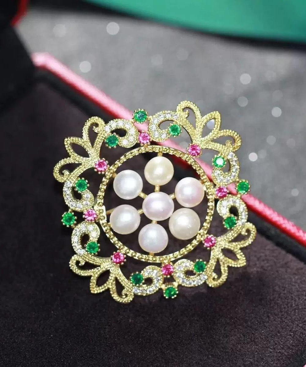 Fine Multicolor Alloy Zircon Snowflake Pearl Hollow Out Broochs