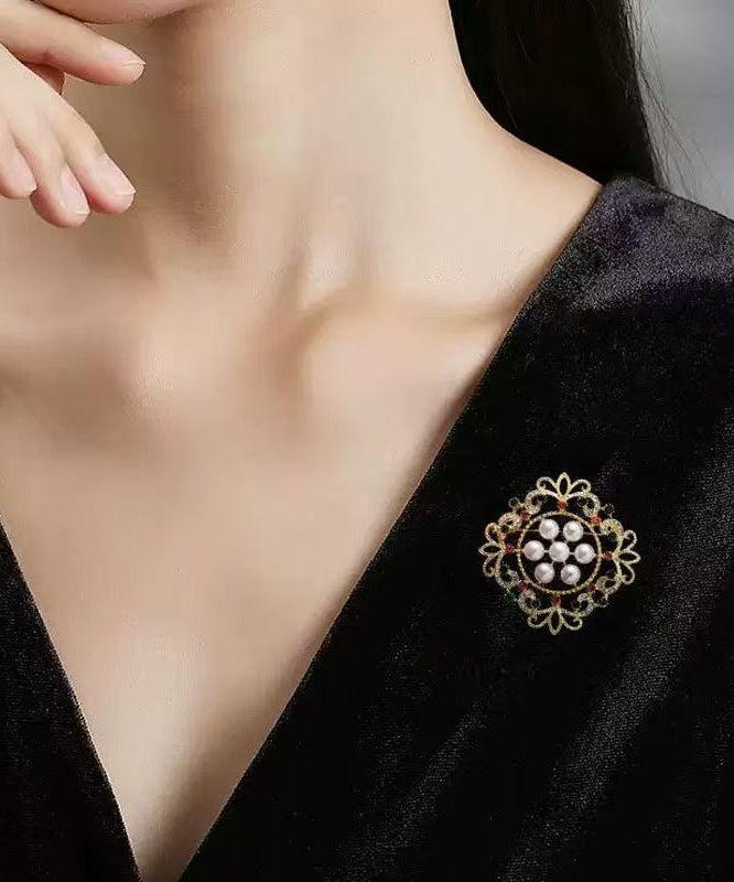 Fine Multicolor Alloy Zircon Snowflake Pearl Hollow Out Broochs